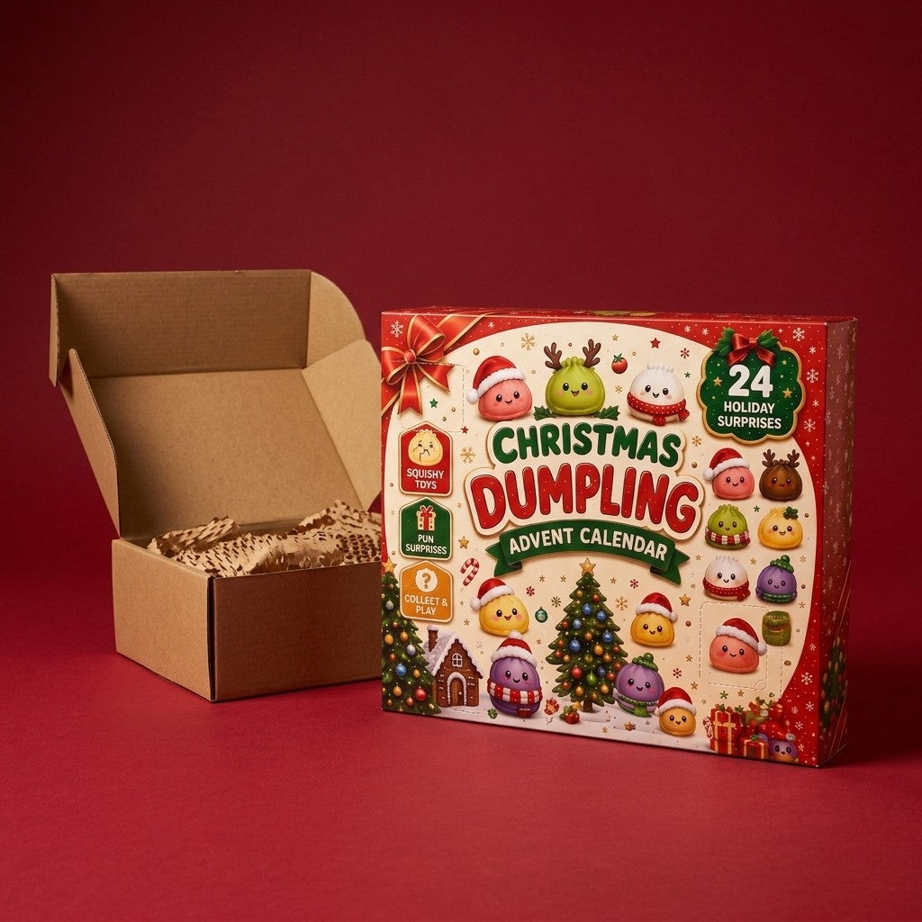 Squishy advent calendar box next to its shipping box