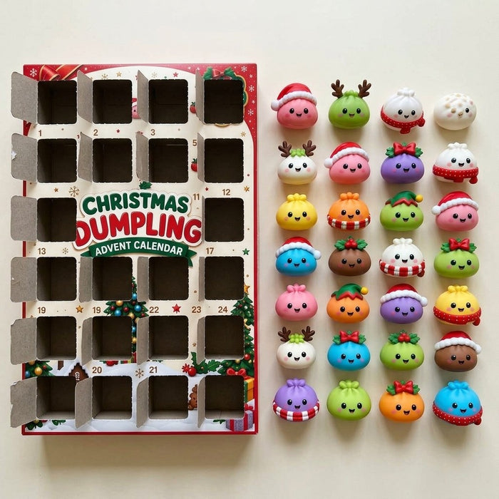 All 24 dumpling squishies lined up next to the open calendar